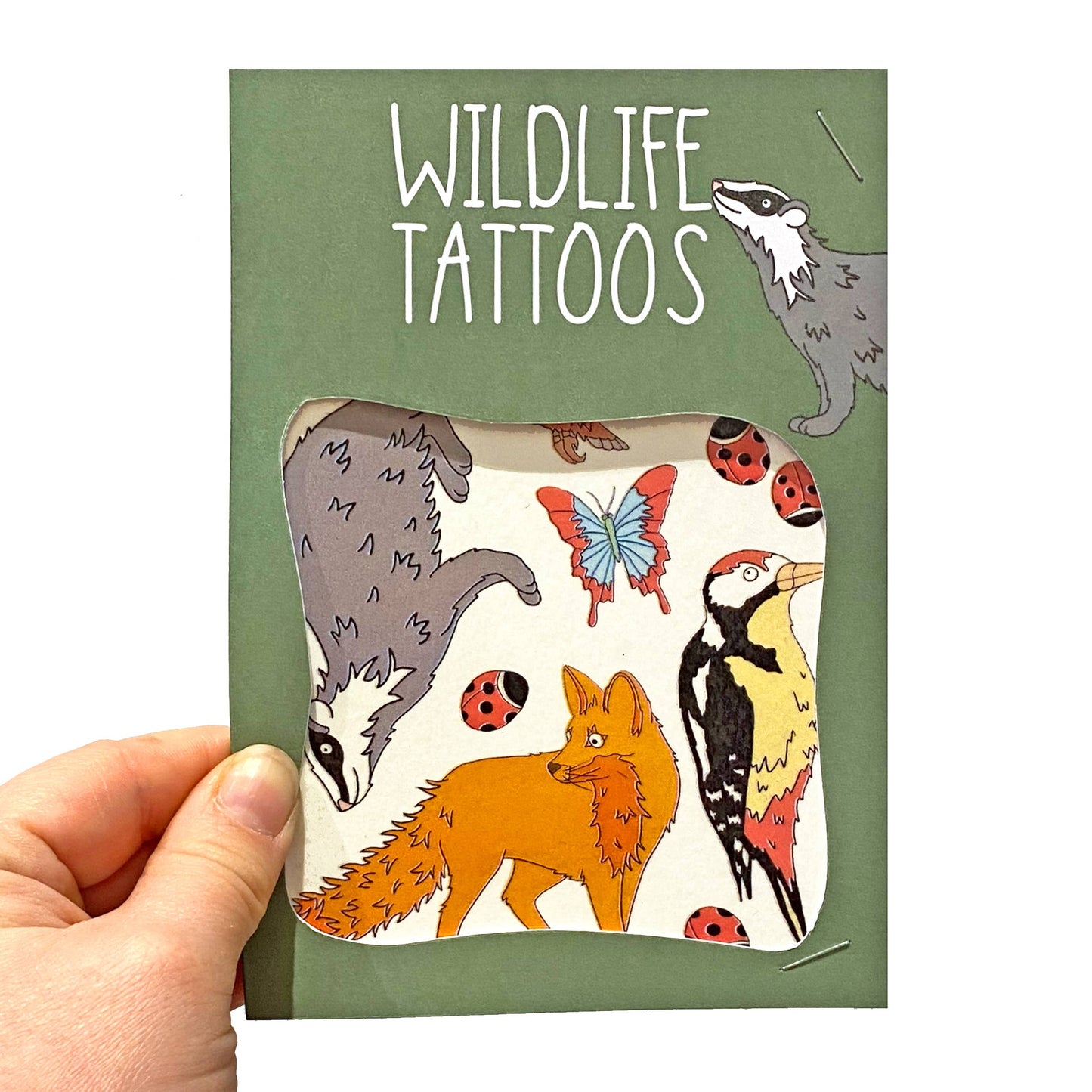 Wildlife Transfers. Be the envy of all your friends with these seriously fun transfer tattoos. This is a set of wildlife themed transfer tattoos ;featuring a badger, fox and a woodpecker. These transfer tattoos are great fun on your own but are even better as a party bag filler.