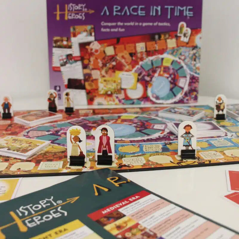 History Heroes Board Game A Race In Time, illustrated family game with hero tokens, educational, made in the UK.