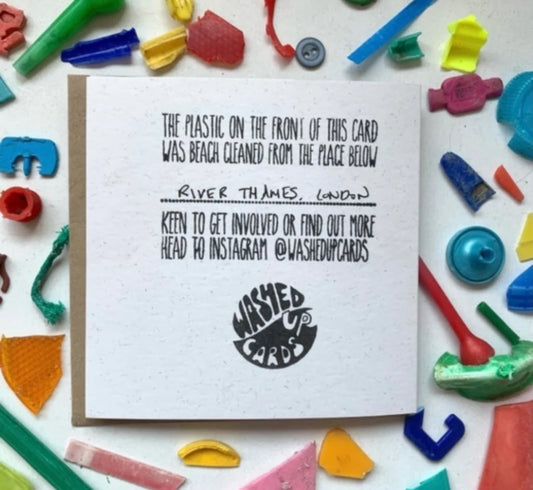 Washed Up Cards founder collecting plastic; reverse of a recycled greeting card