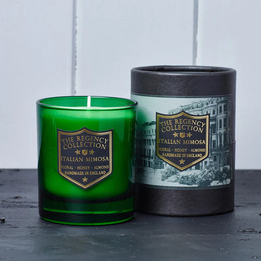 Parkminster Italian Mimosa Scented Candle in green glass vessel, showcasing the luxury natural soy wax candle with floral, honey and almond fragrance.