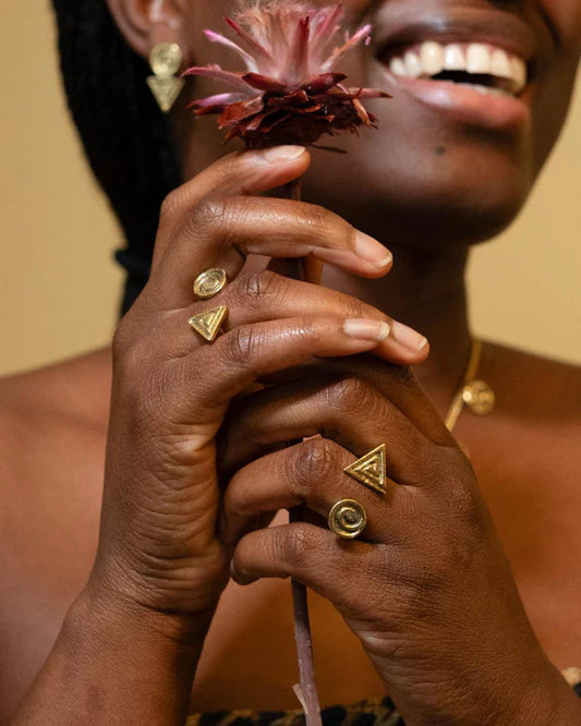 Stylish shot of Nakuru Recycled Brass Open Ring, highlighting its chunky design and ethical handmade craftsmanship from Kenya.