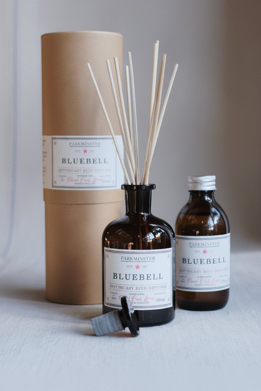 Parkminster Bluebell Apothecary Glass Diffuser, with reeds and kraft cylinder packaging.