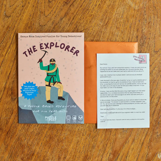Close-up of 'The Explorer' children's escape room game. Highlights plastic-free, recyclable, sustainably sourced materials.