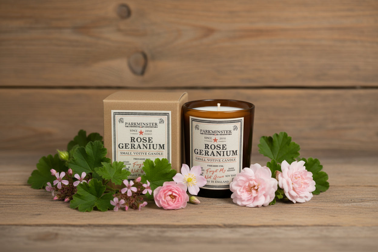 Rose Geranium scented soy votive candle in glass vessel with kraft gift box, 75g