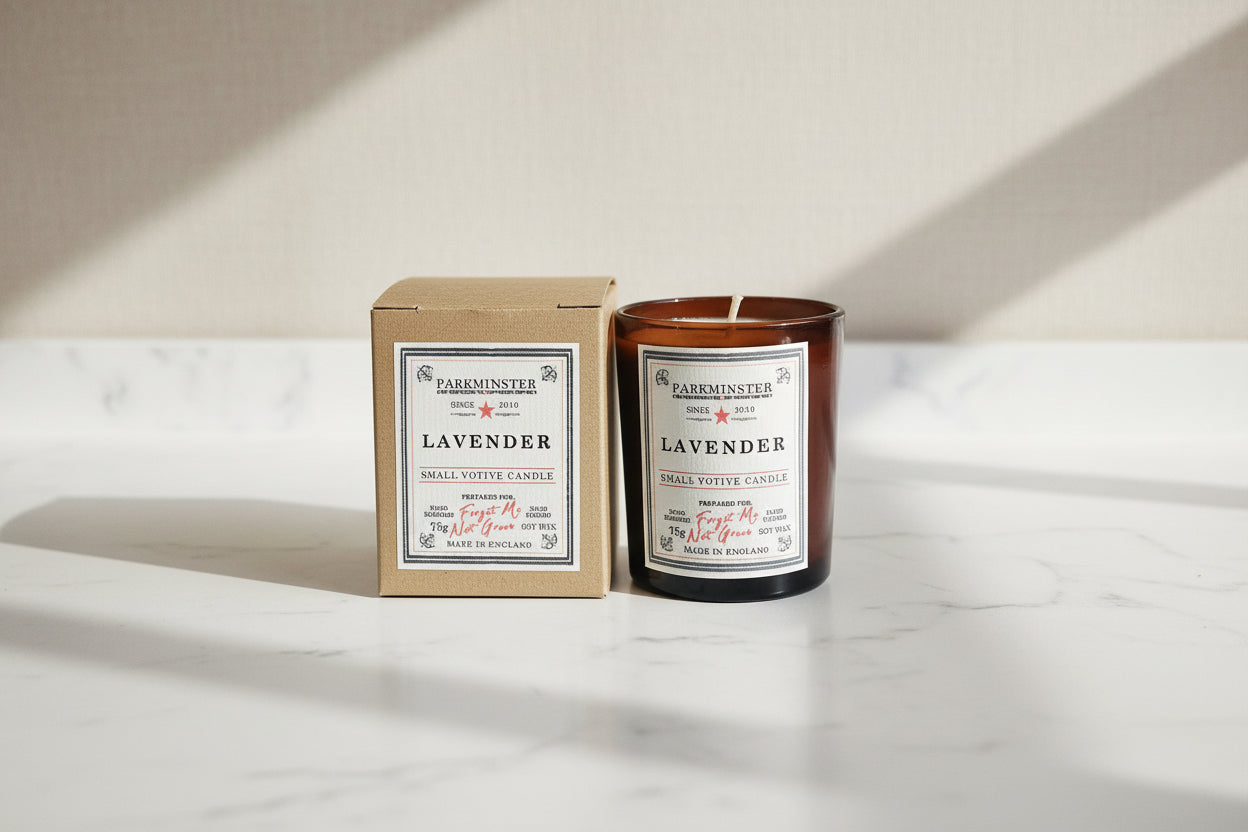 Parkminster Lavender Soy Votive Candle, 75g, in clear glass. Vegan, handmade in Cornwall with natural soy wax. Calming floral, herbal & woody aroma for relaxation.