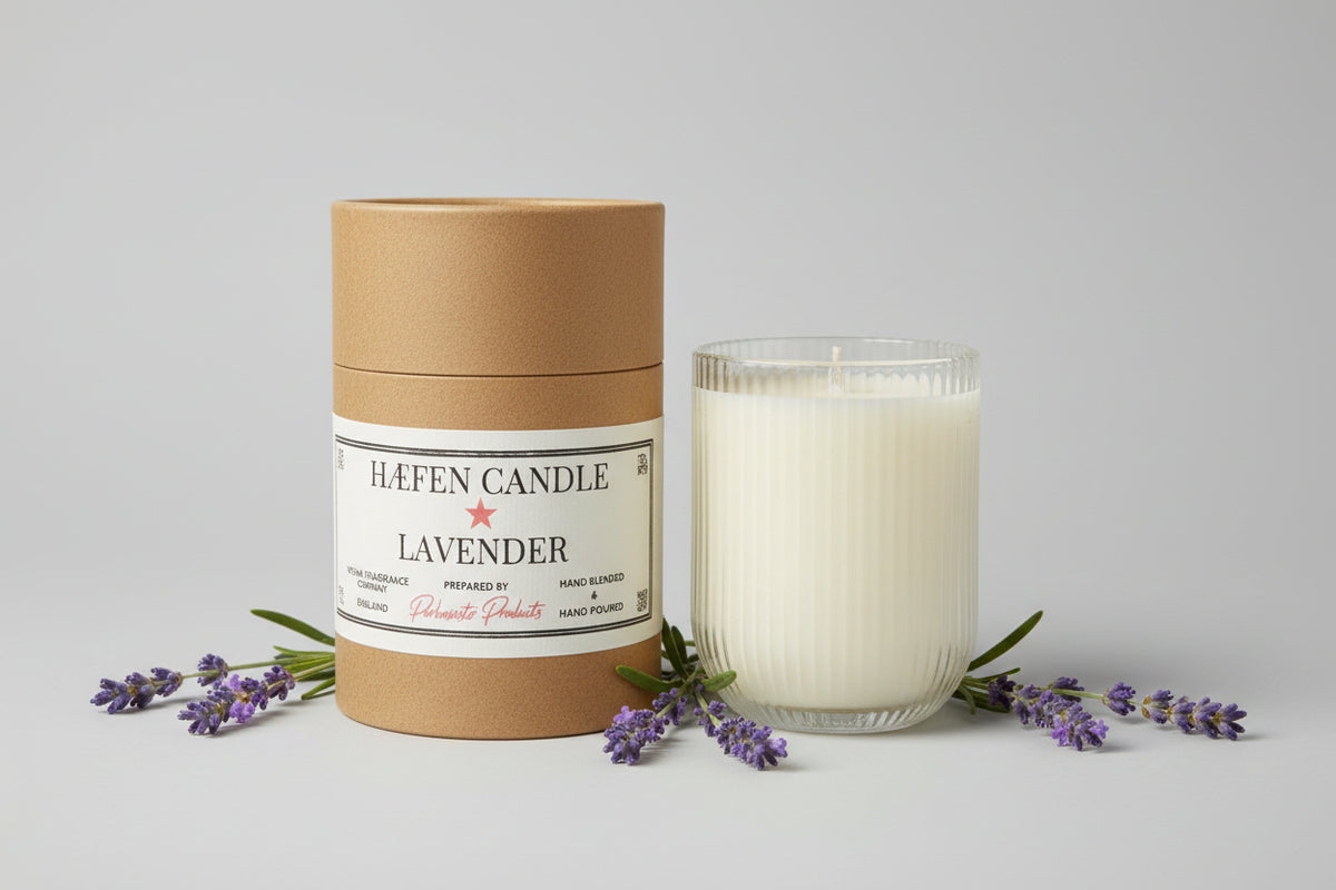 Lavender Soy Wax Parkminster Candle in a glass holder with a cardboard sleeve on a wooden surface