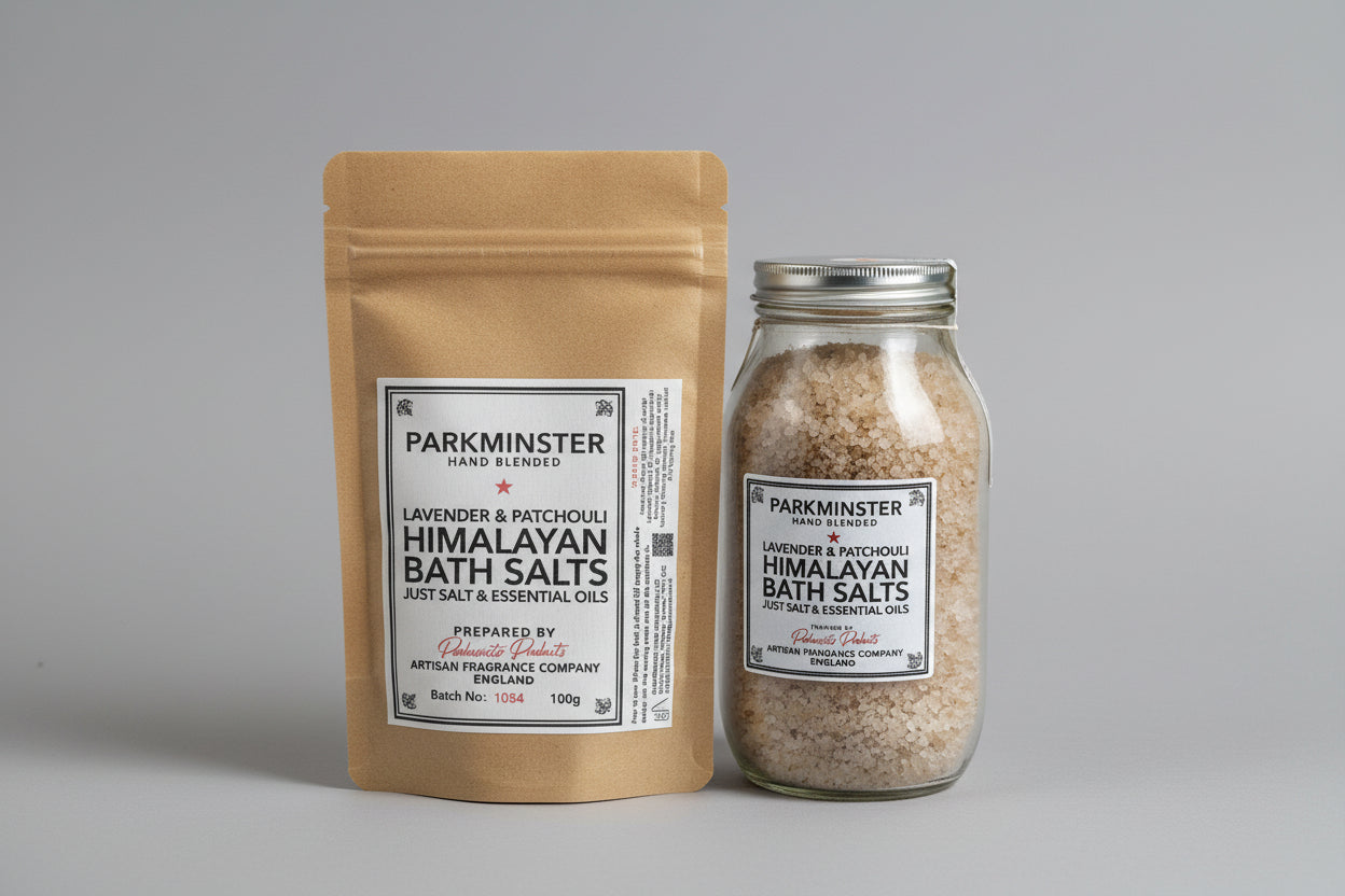 Lavender & Rosemary Himalayan Bath Salts and botanical essential oils.