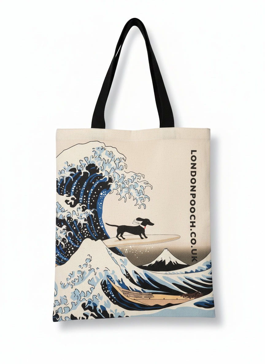 London Pooch Dachshund Wave Tote Bag, close-up of Hokusai-inspired print