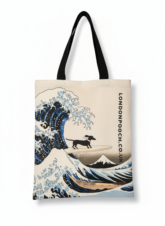 London Pooch Dachshund Wave Tote Bag, close-up of Hokusai-inspired print