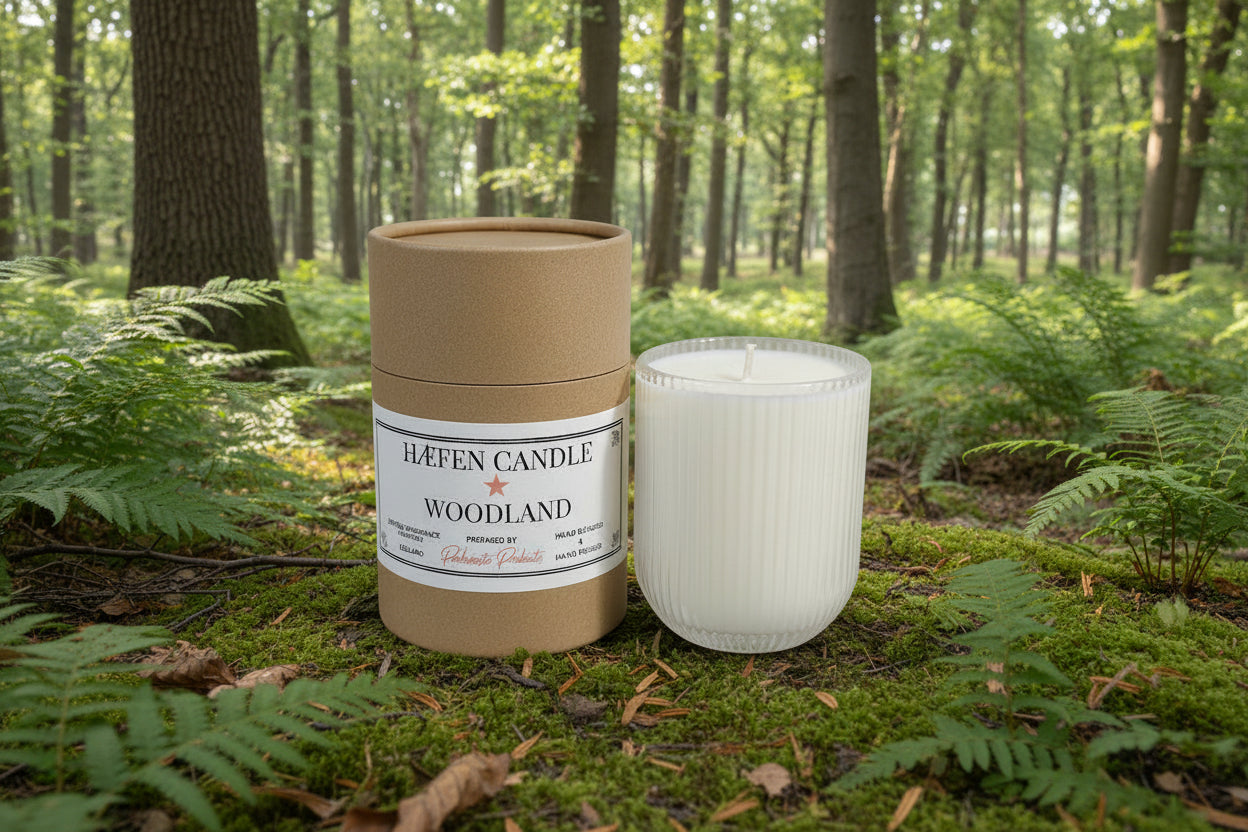 Parkminster Woodland HÆFEN Soy Wax Candle, 200g, in ribbed glass, rich oak and hickory scent, sustainably sourced soy, handmade in Cornwall