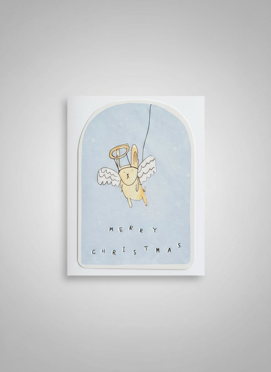 Angel Bunny Christmas Card by Laura Skillbeck, showing a cute bunny dressed as an angel on a sustainably sourced, recycled card.