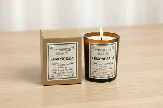 Parkminster Lemongrass Soy Votive Candle, 75g, in recyclable glass. Hand-poured in Cornwall, vegan, sustainable soy wax, pure essential oil for an uplifting home fragrance.