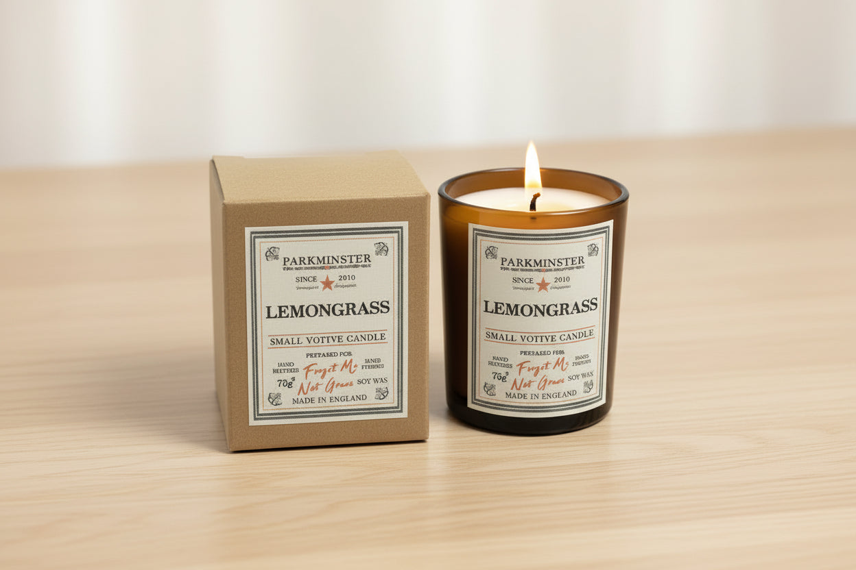 Parkminster Lemongrass Soy Votive Candle, 75g, in recyclable glass. Hand-poured in Cornwall, vegan, sustainable soy wax, pure essential oil for an uplifting home fragrance.
