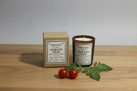 Parkminster Tomato Leaf Votive Candle, 75g, shown in recyclable glass vessel with kraft gift box