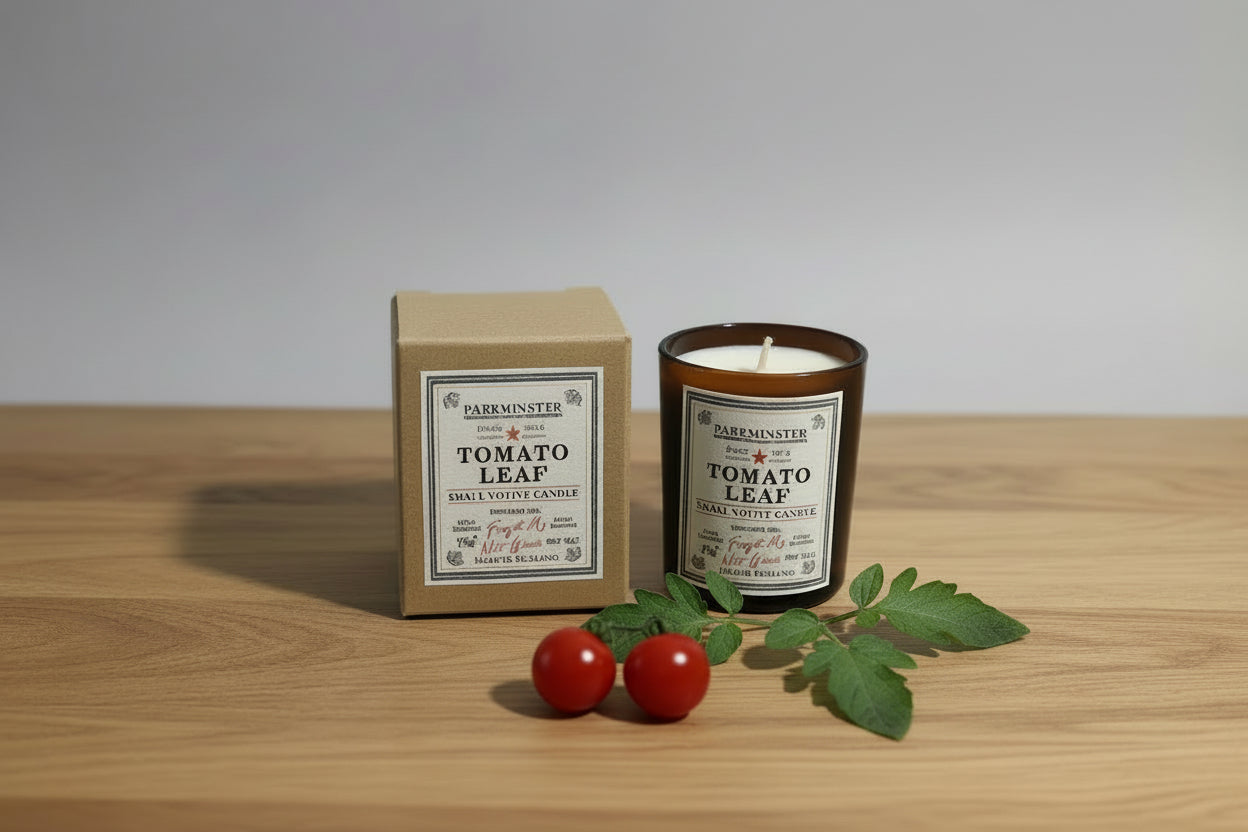 Parkminster Tomato Leaf Votive Candle, 75g, shown in recyclable glass vessel with kraft gift box