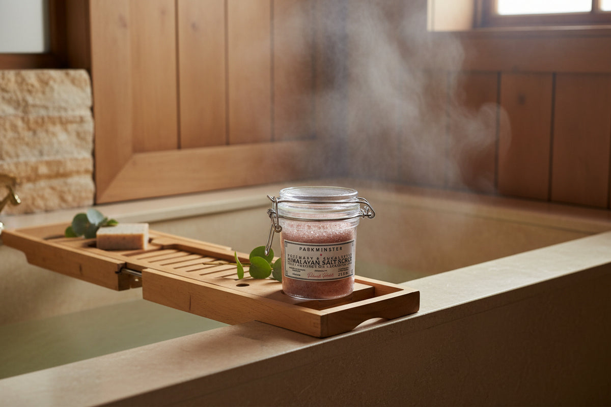 Natural exfoliating body scrub made with Himalayan salt, coconut oil, rosemary and eucalyptus