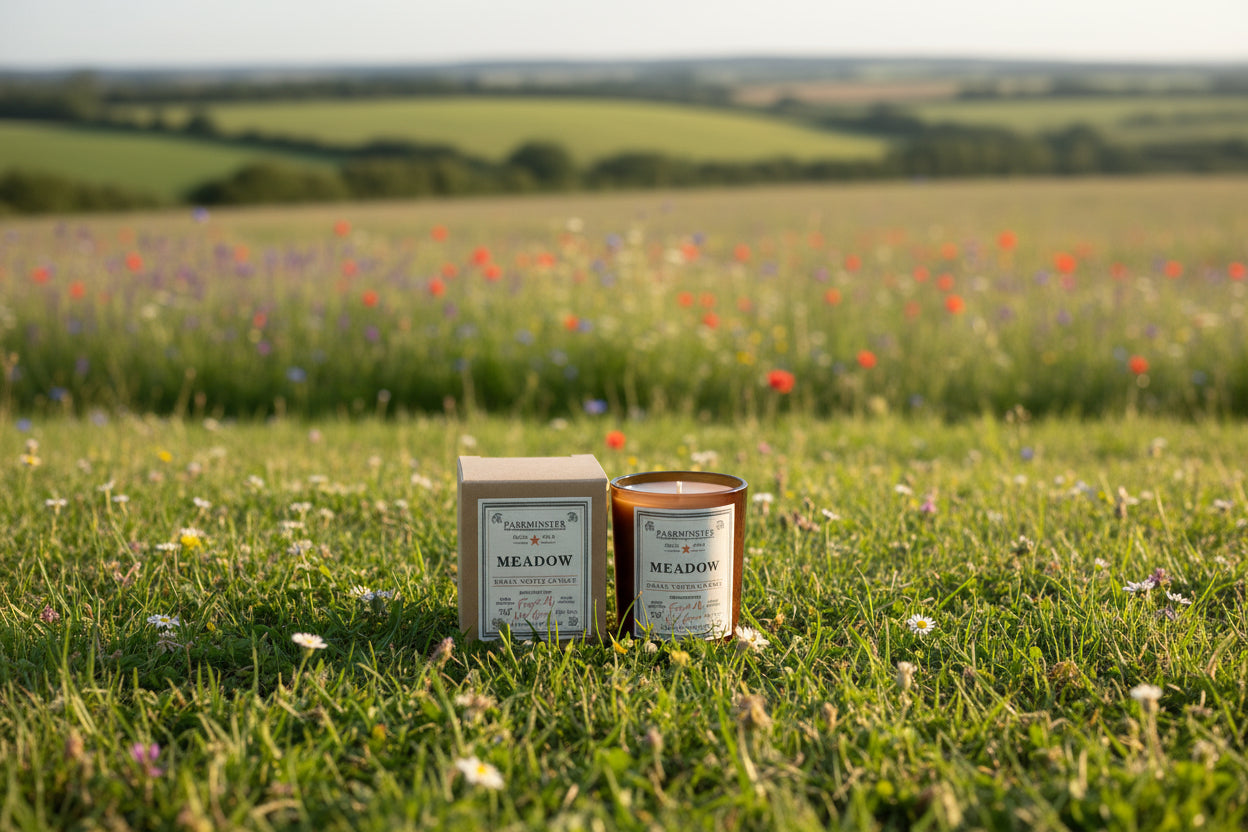 Parkminster Meadow scented votive candle, 75g, made with sustainable soy wax in a recyclable glass vessel. Perfect for home fragrance.
