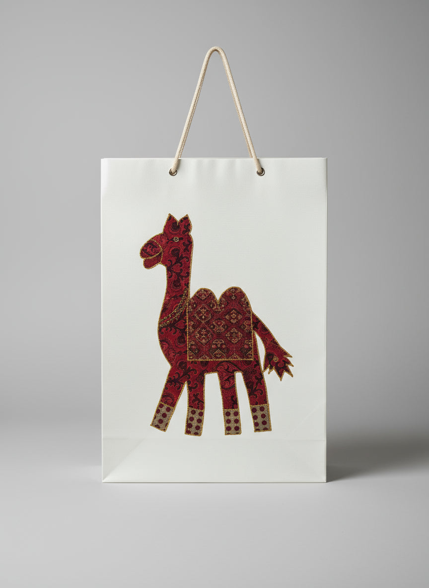 Large Handmade Gift Bag, featuring a camel made out of sari material.