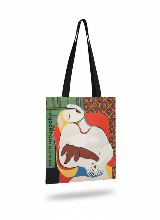Close-up of 'The Dream' tote bag, highlighting the unique Dachshund interpretation of Picasso's art and strong cotton canvas texture.