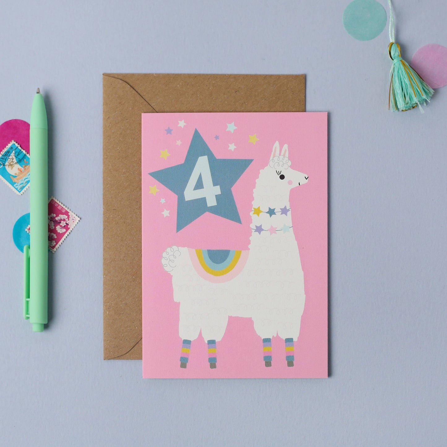 Llama 4th Birthday Card for Kids with Kraft Envelope