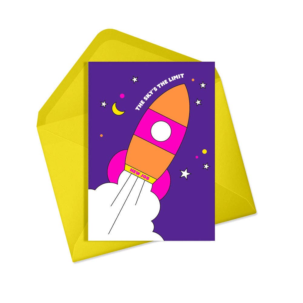 Eco-friendly 'Sky's the Limit' new job congratulations card with outer space design and yellow envelope