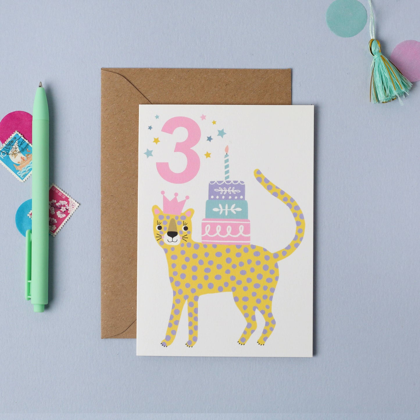 Age 3 Leopard Birthday Card, sustainably sourced, made in UK