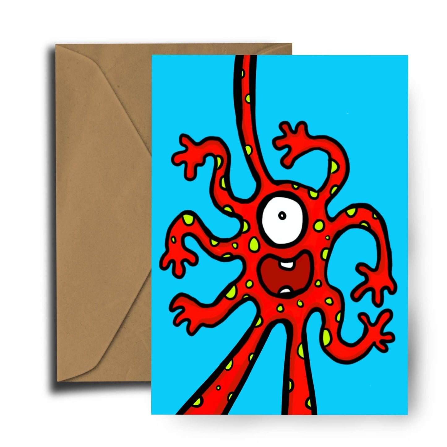 Evie the Monster eco-friendly A6 greeting card with recycled kraft envelope