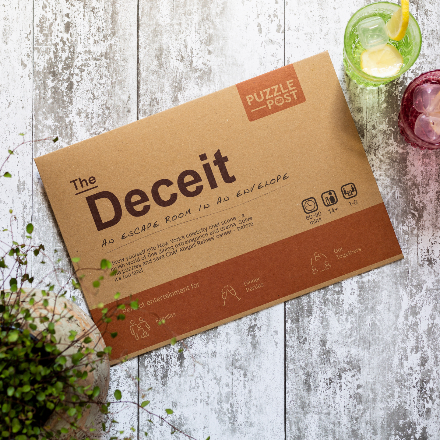 Escape Room in an Envelope The Deceit game box featuring chef embezzlement mystery, eco-friendly packaging, multiplayer dinner party puzzle game