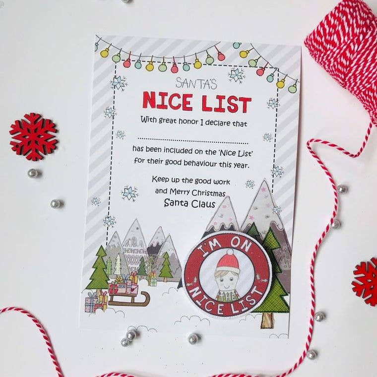 Santa's Nice List wooden pin badge and A5 certificate set, eco-friendly Christmas gift