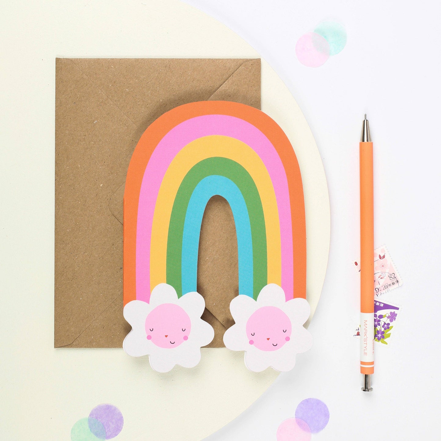 Rainbow Blossom Greeting Card with smiling flowers and kraft envelope