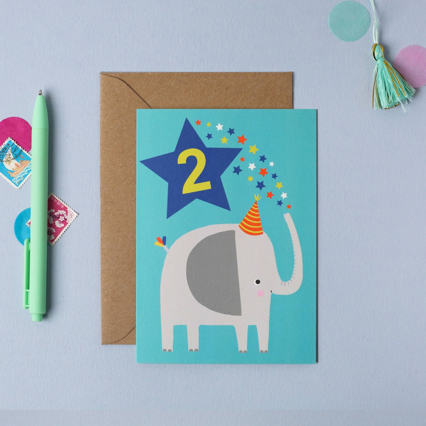 Age 2 Blue Elephant Birthday Card for Kids, Sustainably Sourced