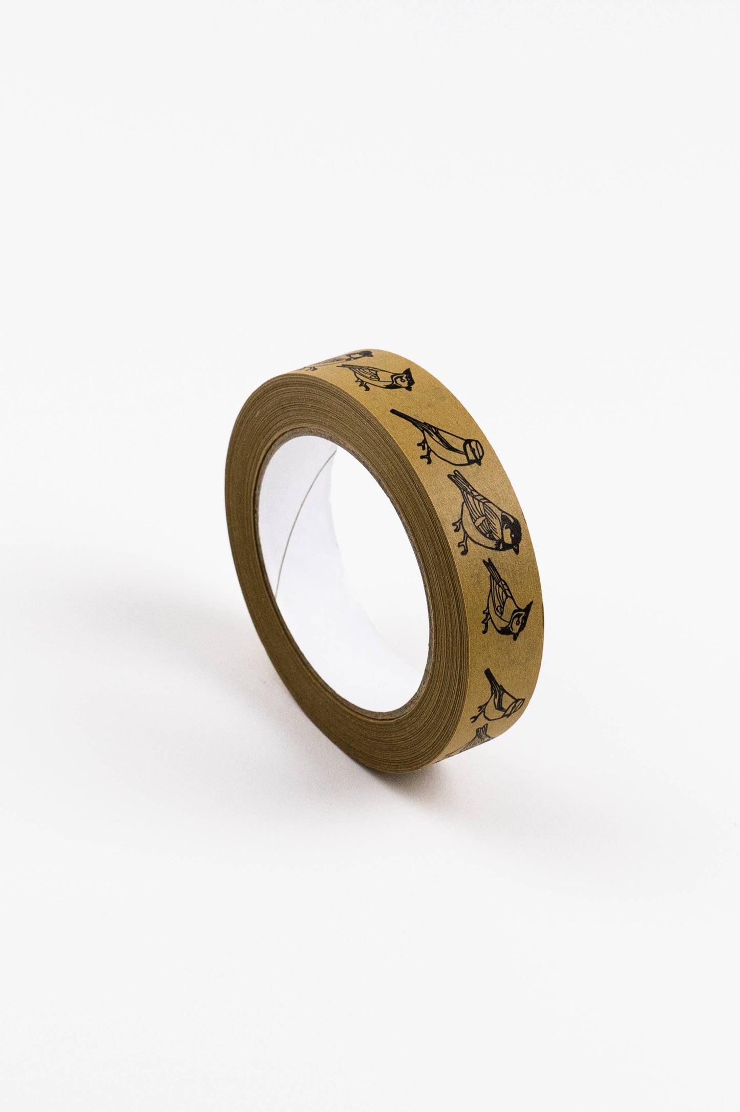Eco-friendly paper tape with hand-drawn blue tit, coal tit, and crested tit bird design, 25mm x 50m roll