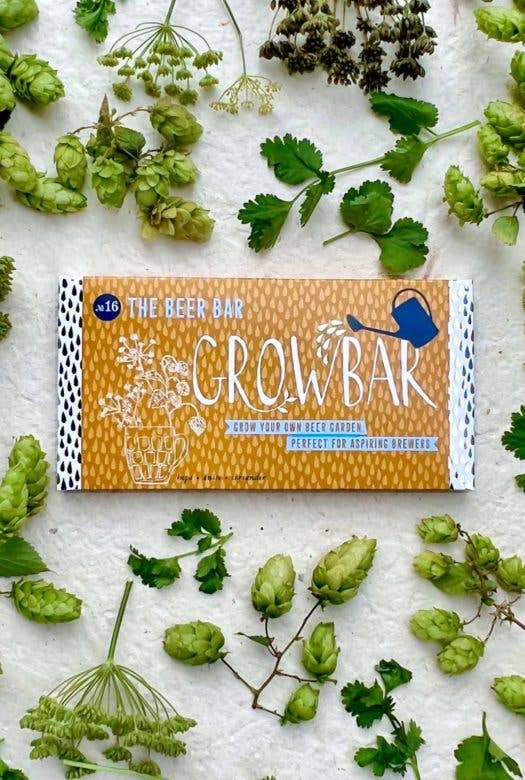The Beer Growbar kit with hops, anise, and coriander seeds in a sustainably sourced coir bar, for home brewing