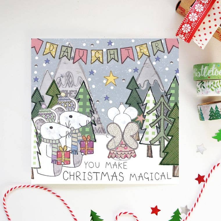 Eco-friendly Christmas card for Daughter, featuring a magical mouse fairy, her family in festive sweaters, and presents, hand-illustrated.