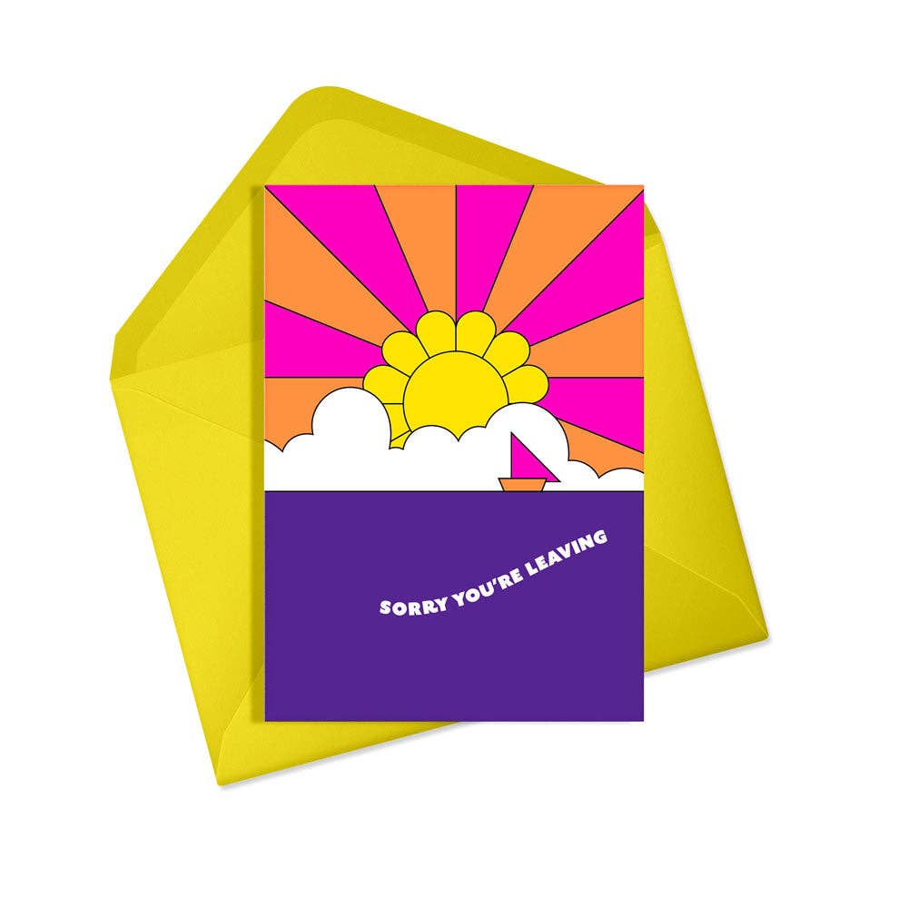 Eco-friendly 'Sorry You're Leaving' card with a neon sunset design and yellow envelope