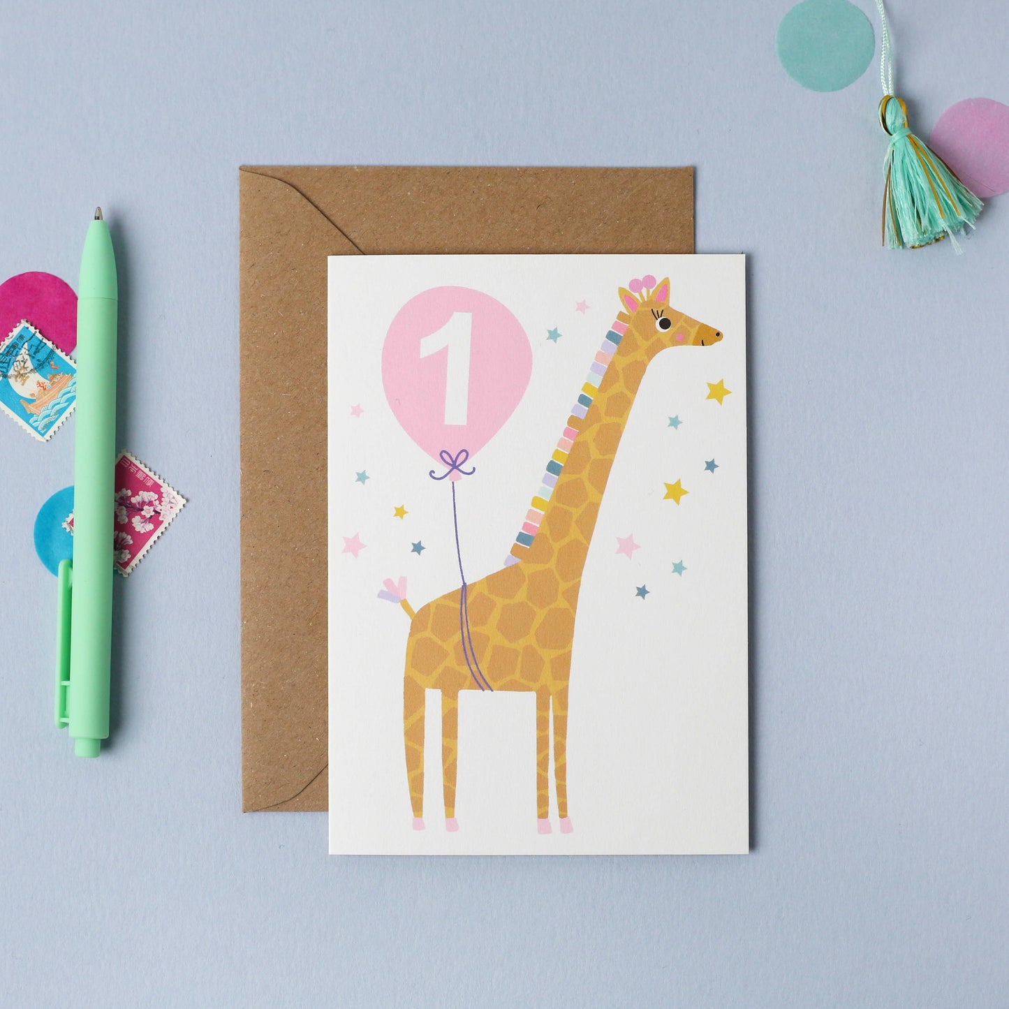 Pink Age 1 Birthday Card with Yellow Giraffe and Balloon, Sustainably Sourced
