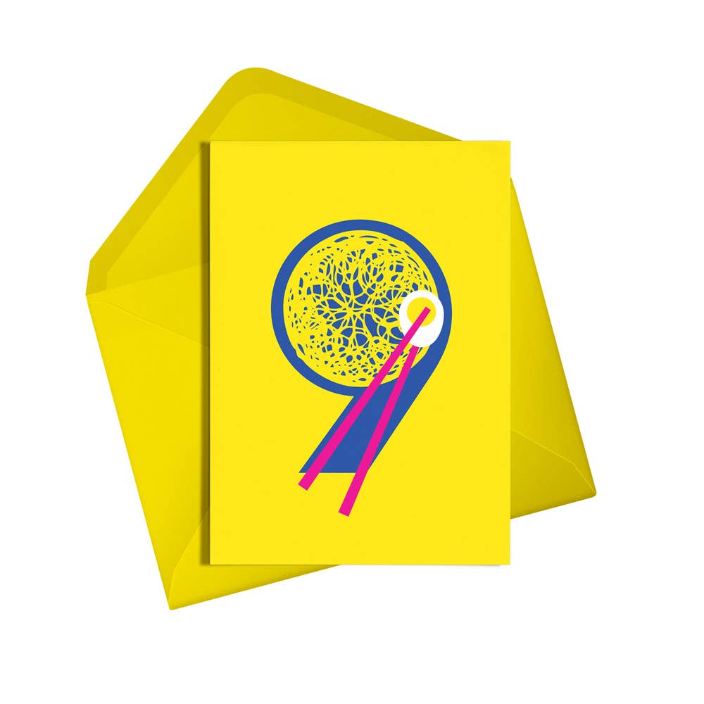 9th Birthday Noodles Card with happy noodle illustration and chopsticks, sunshine yellow envelope, eco-friendly