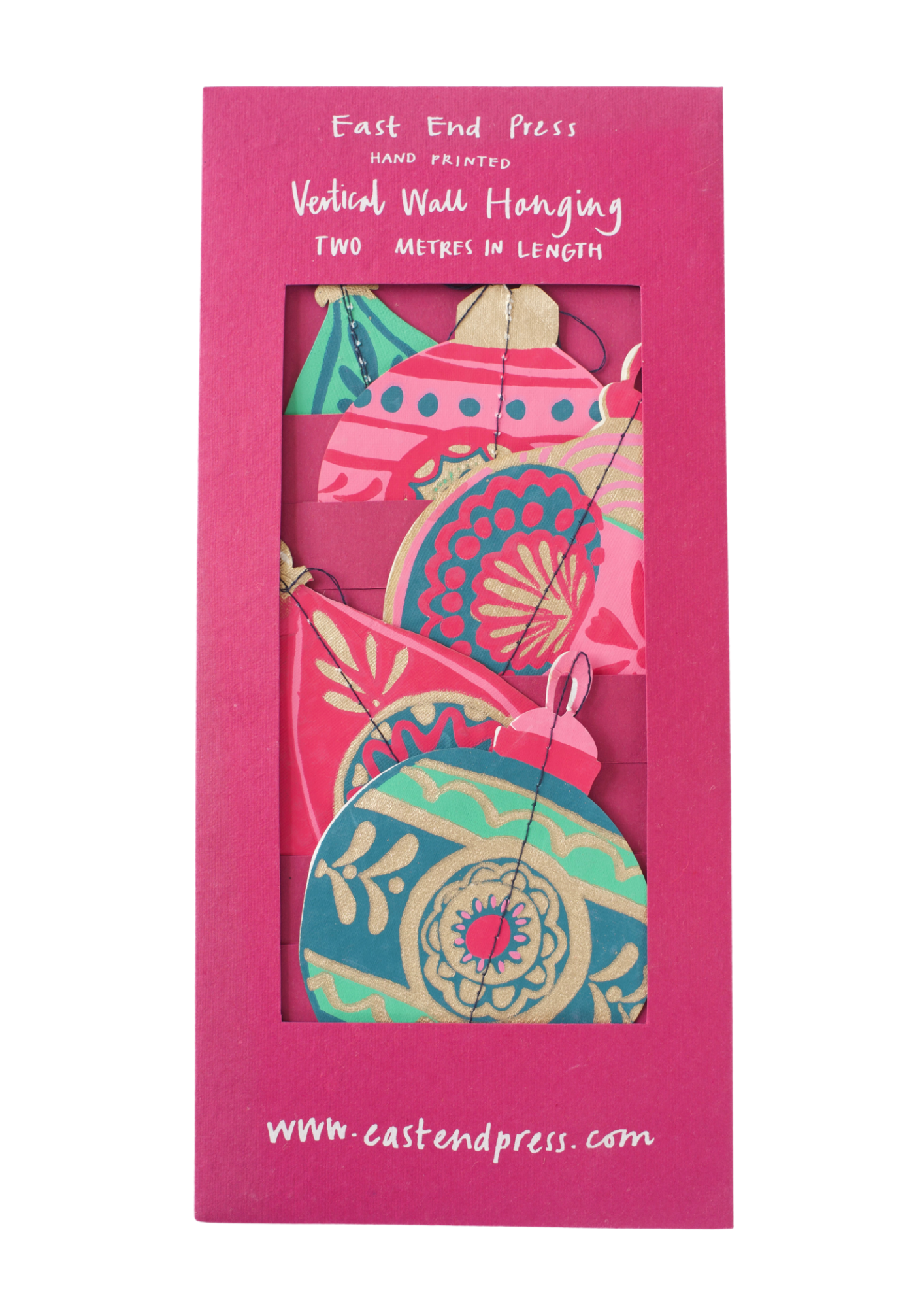 Bauble Vertical Wall Hanging Sustainably Made. The East End Press two-metre-long Bauble Vertical Wall Hanging features screen-printed festive shapes, and is printed double-sided on thick, handmade cotton paper. Pinks and Greens.