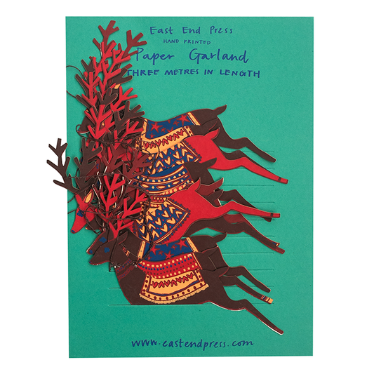 Reindeer Garland. Hand-printed three-metre-long paper garland, featuring ten screen-printed paper reindeer. The garland is printed on both sides on thick, hand made cotton paper.