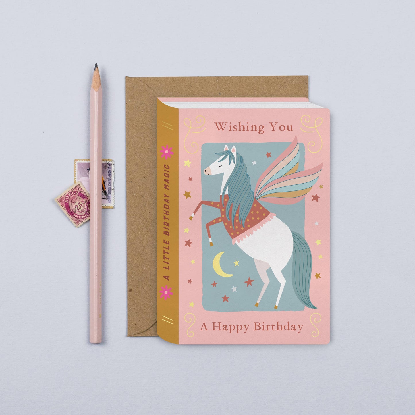 Pegasus storybook birthday card for children with gold foil details