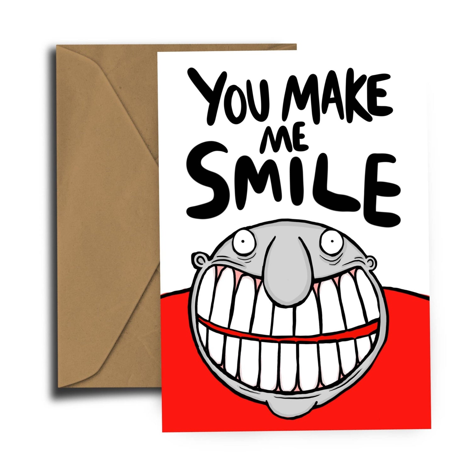 You Make Me Smile A6 greeting card with a sustainably sourced design, paired with a recycled kraft paper envelope. Eco-friendly and plastic-free.