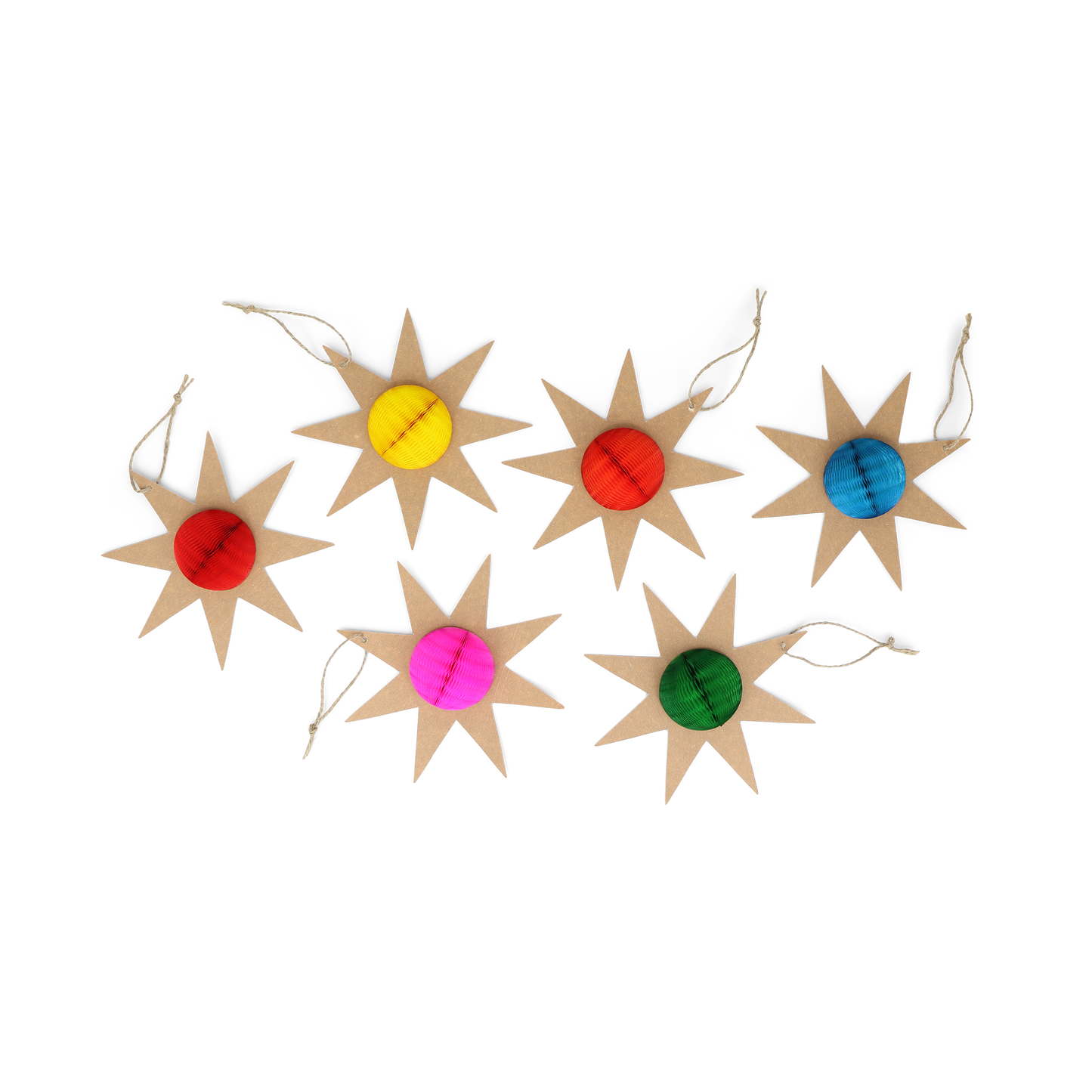 Set of 6 rainbow honeycomb star gift tags, close-up view showing vibrant colours and texture, on a neutral background.