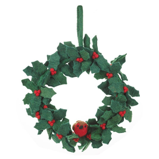 Holly Wreath with Robins Christmas Decoration. A beautiful alternative to a traditional Christmas wreath. This stunning Holly Wreath is made from biodegradable, handmade felt coloured with natural and organic dyes. Hand-stitched together on to wire and complete with an adorable little red robin perched in the centre.