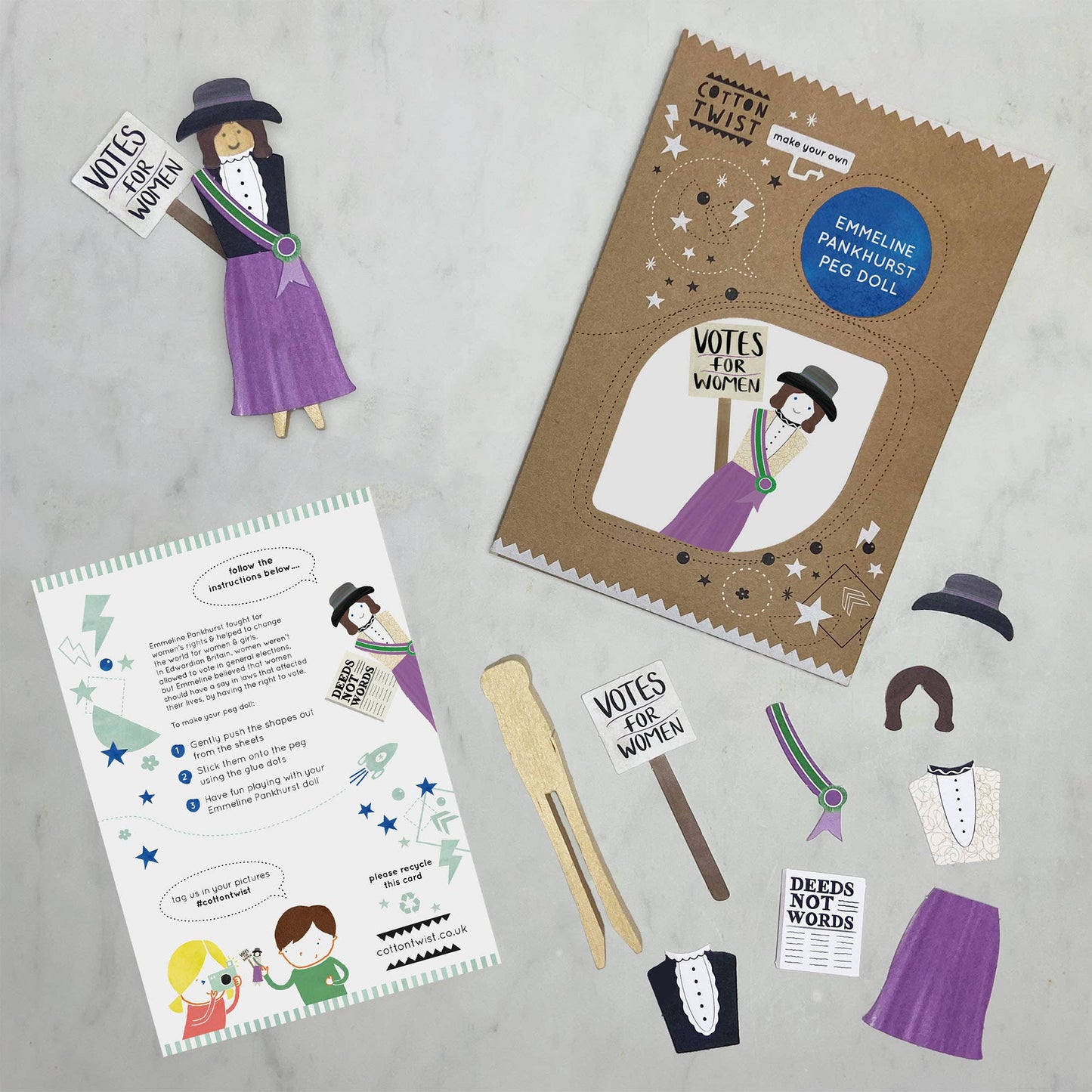 Emmeline Pankhurst peg doll craft kit components and finished doll