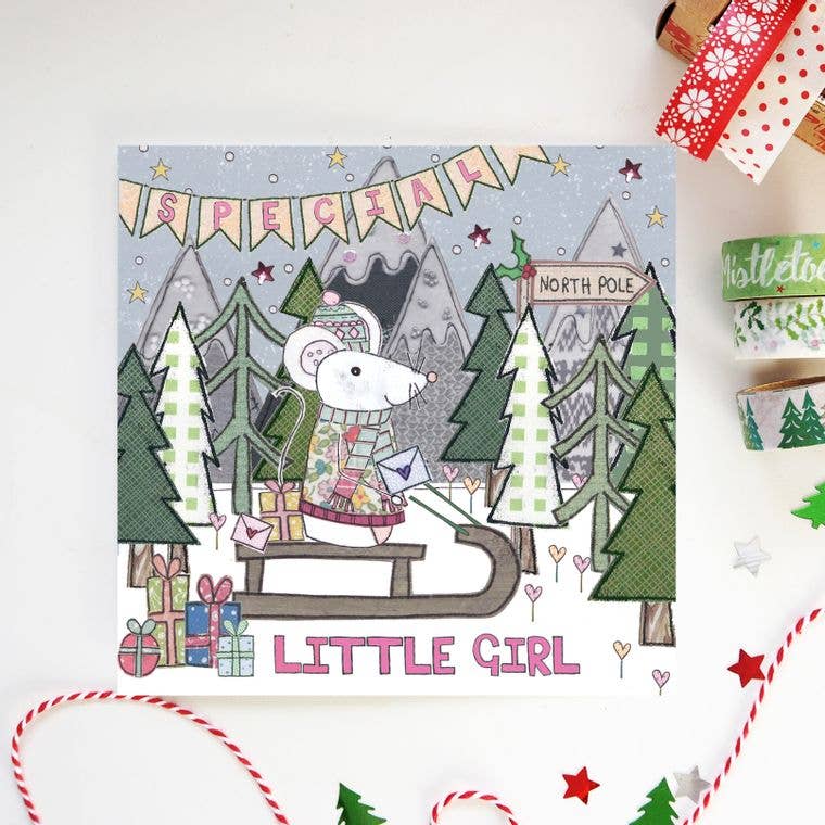 Special Little Girl Christmas Card with festive mouse on a sleigh, hand-illustrated by Flossy. Eco-friendly UK made.