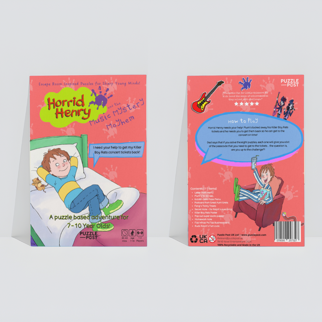 Horrid Henry and the Music Mystery Mayhem puzzle game box with eco-friendly packaging, kids escape room game for ages 7-10