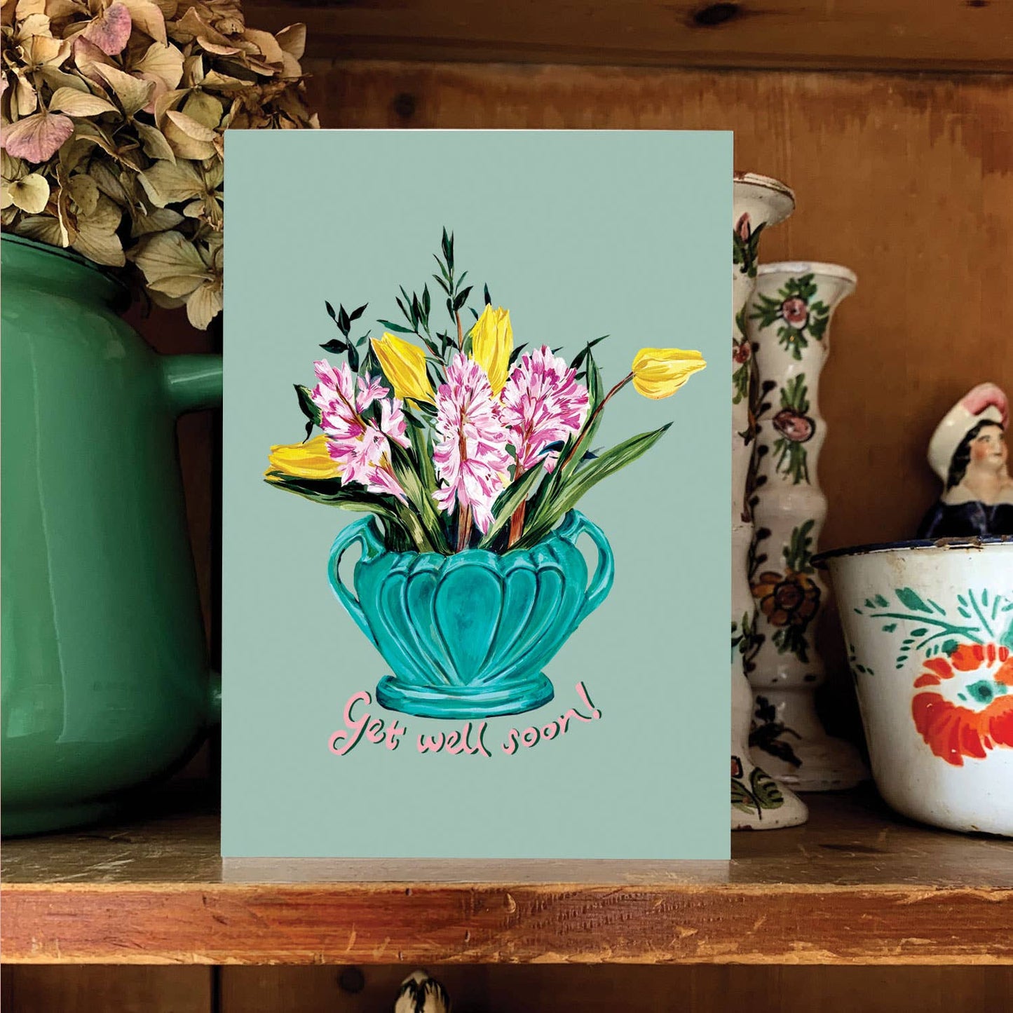 Get Well Soon Card with colourful vase of flowers design