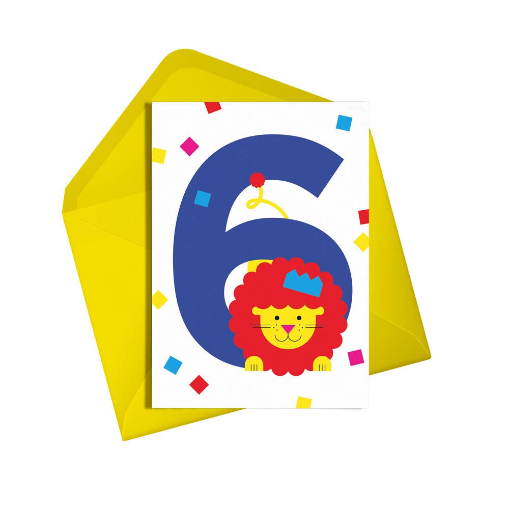Vibrant 6th birthday card with a cheerful lion illustration, sustainably sourced and UK printed
