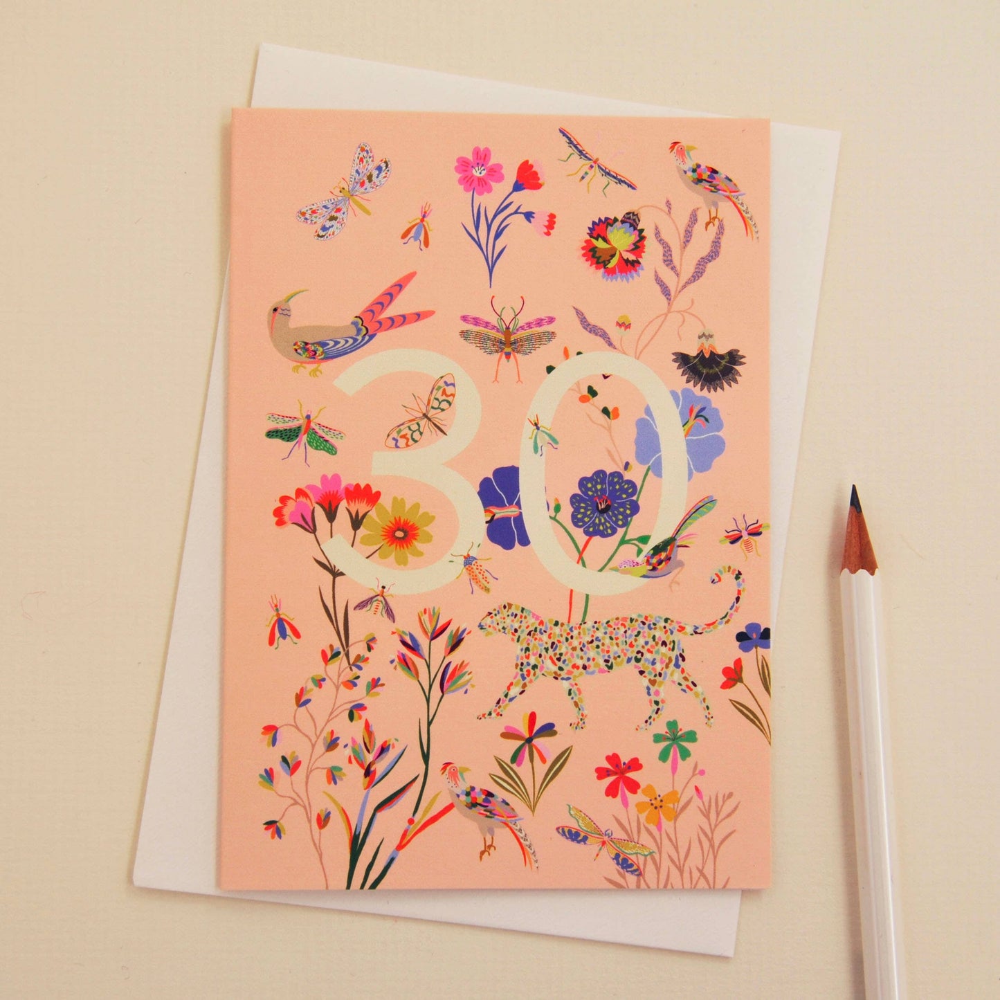 30th birthday greeting card with vibrant flora and fauna illustration, 105×150 mm, printed on sustainable 350gsm matt card, blank inside, with cream envelope and biodegradable wrap