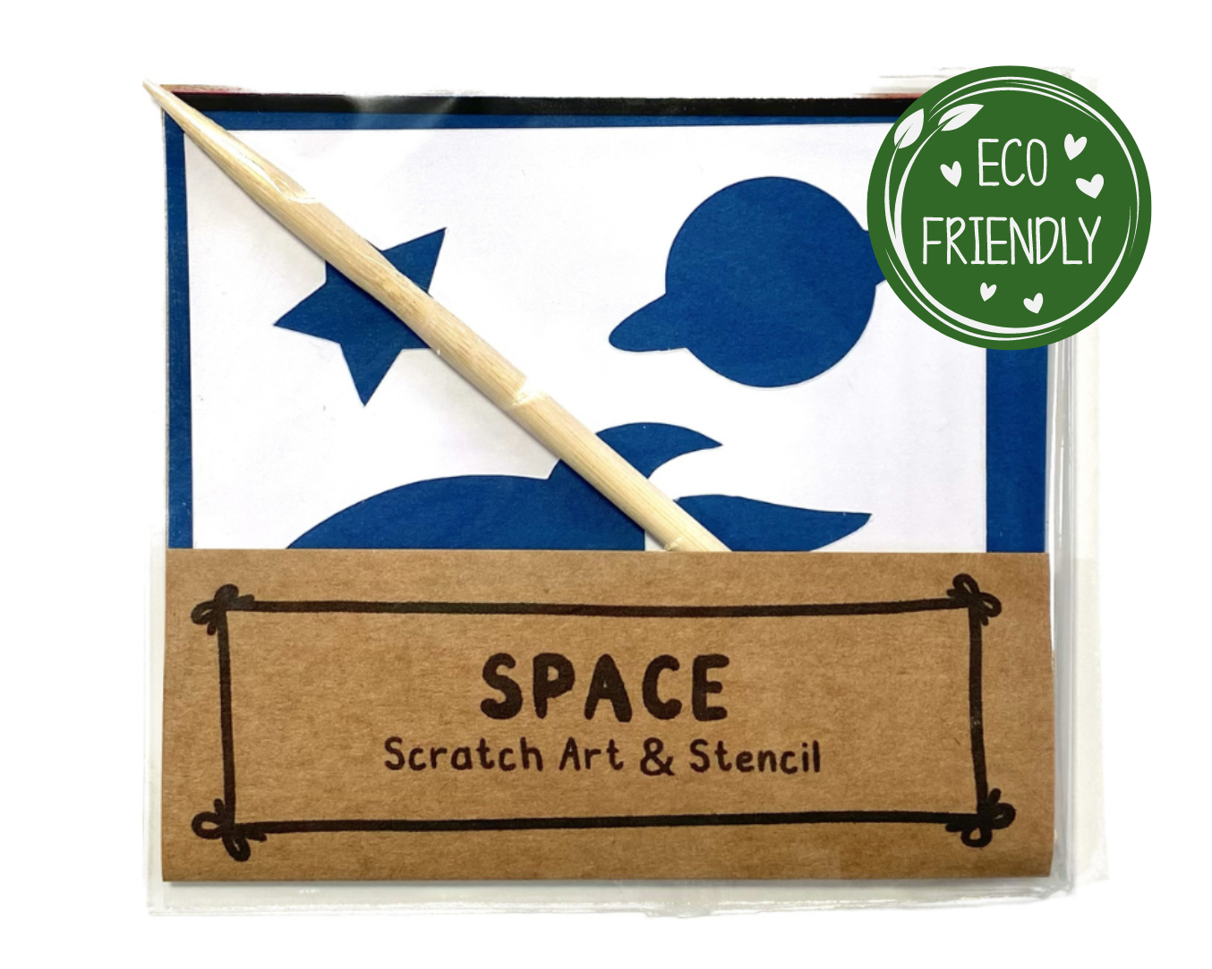 Kids Space Scratch Art & Stencil Pack with rainbow colours and bamboo tool